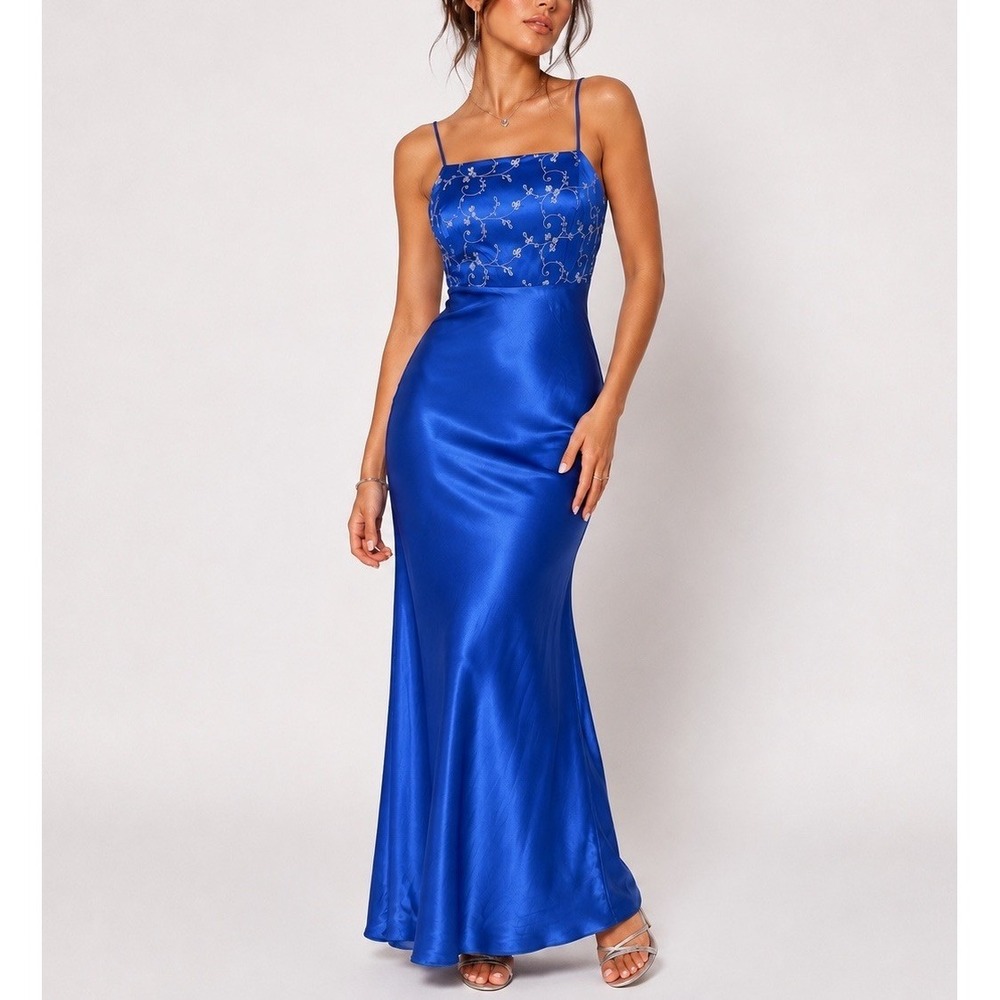 Vtg Y2K Be Smart Satin Slip Dress 7 Blue Floral Embroidered Prom Goth Hoco READ‎